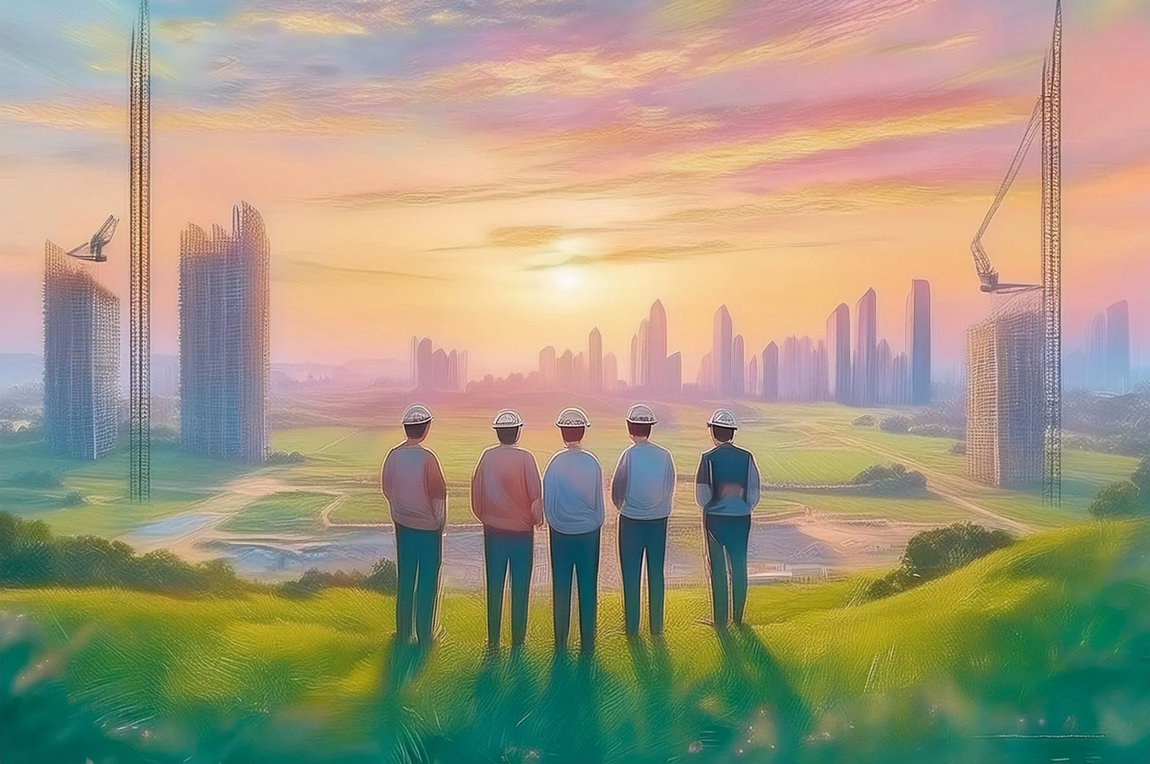 Diverse construction professionals in office for about us page.