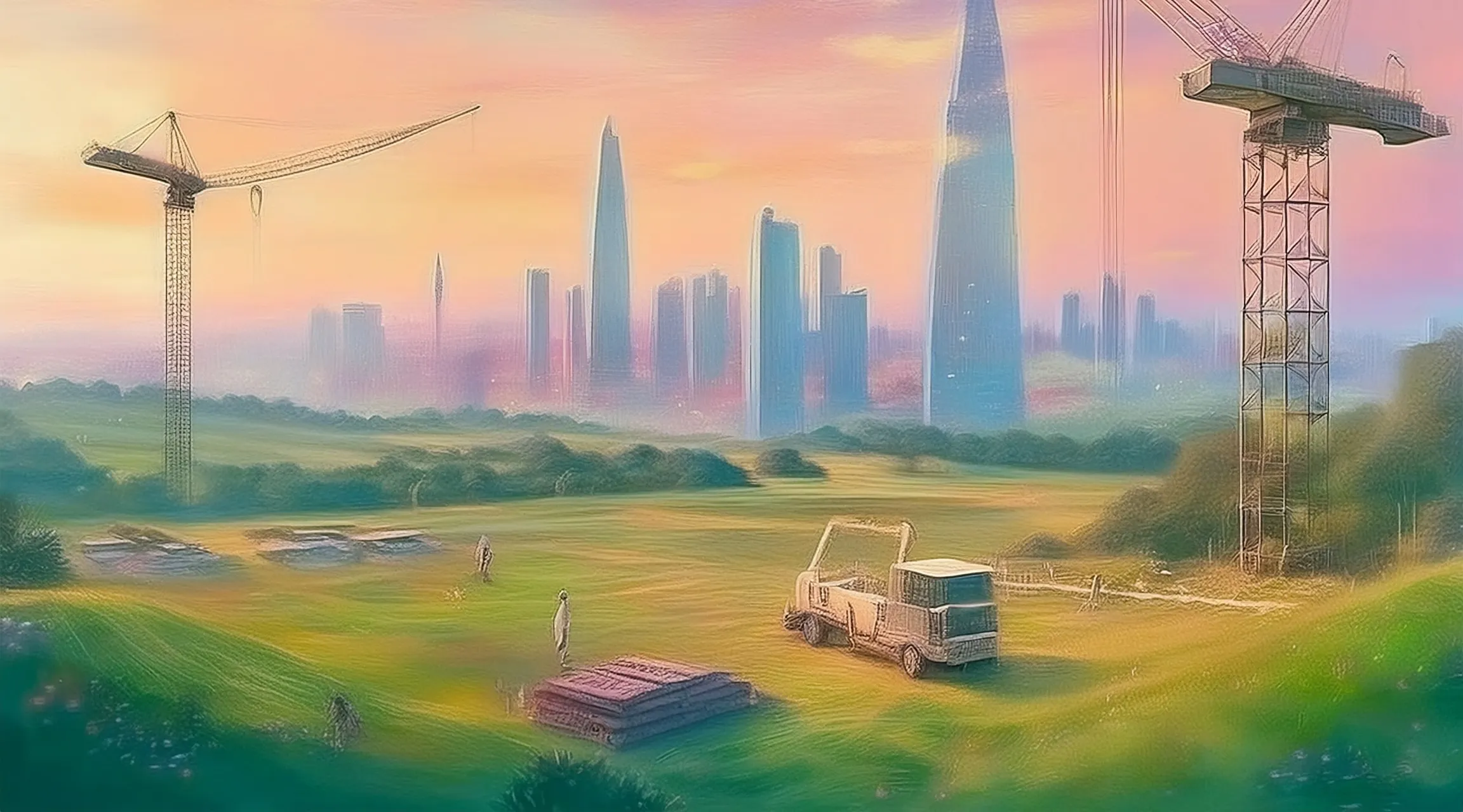 Construction worker using tablet for field management on job site with equipment.