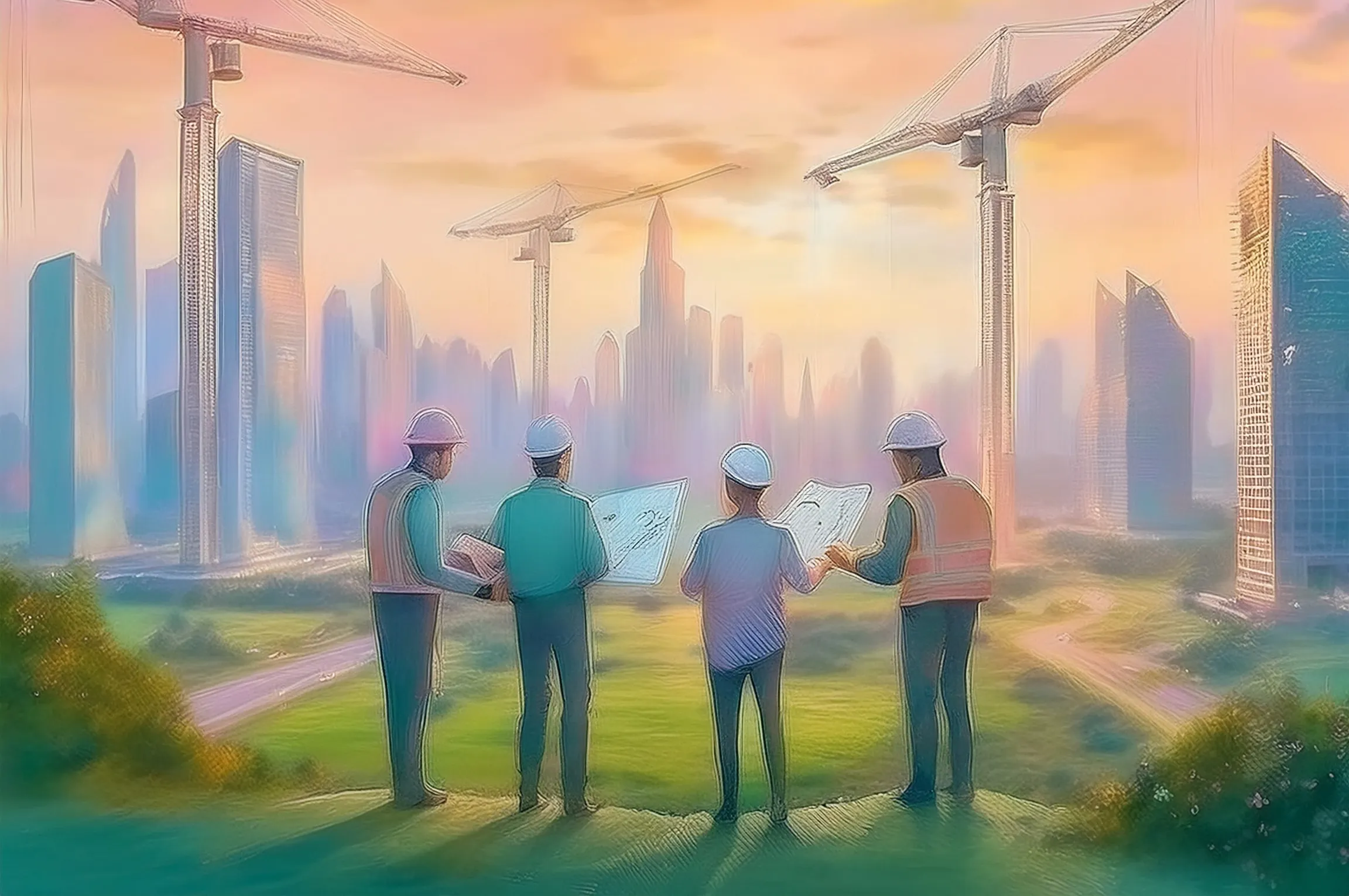 General contractors discussing project on construction site.