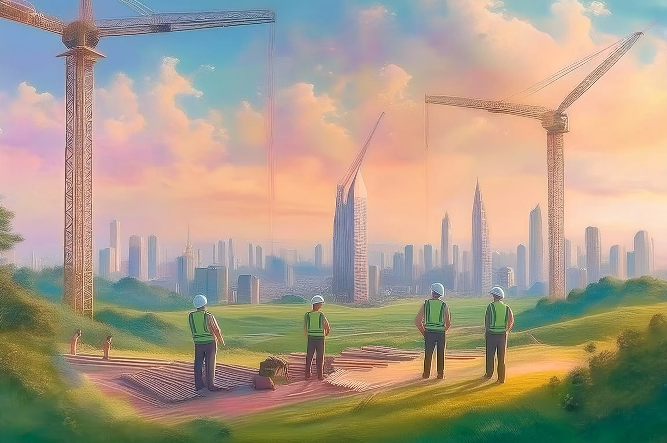 Subcontractors in safety gear reviewing plans on construction site.