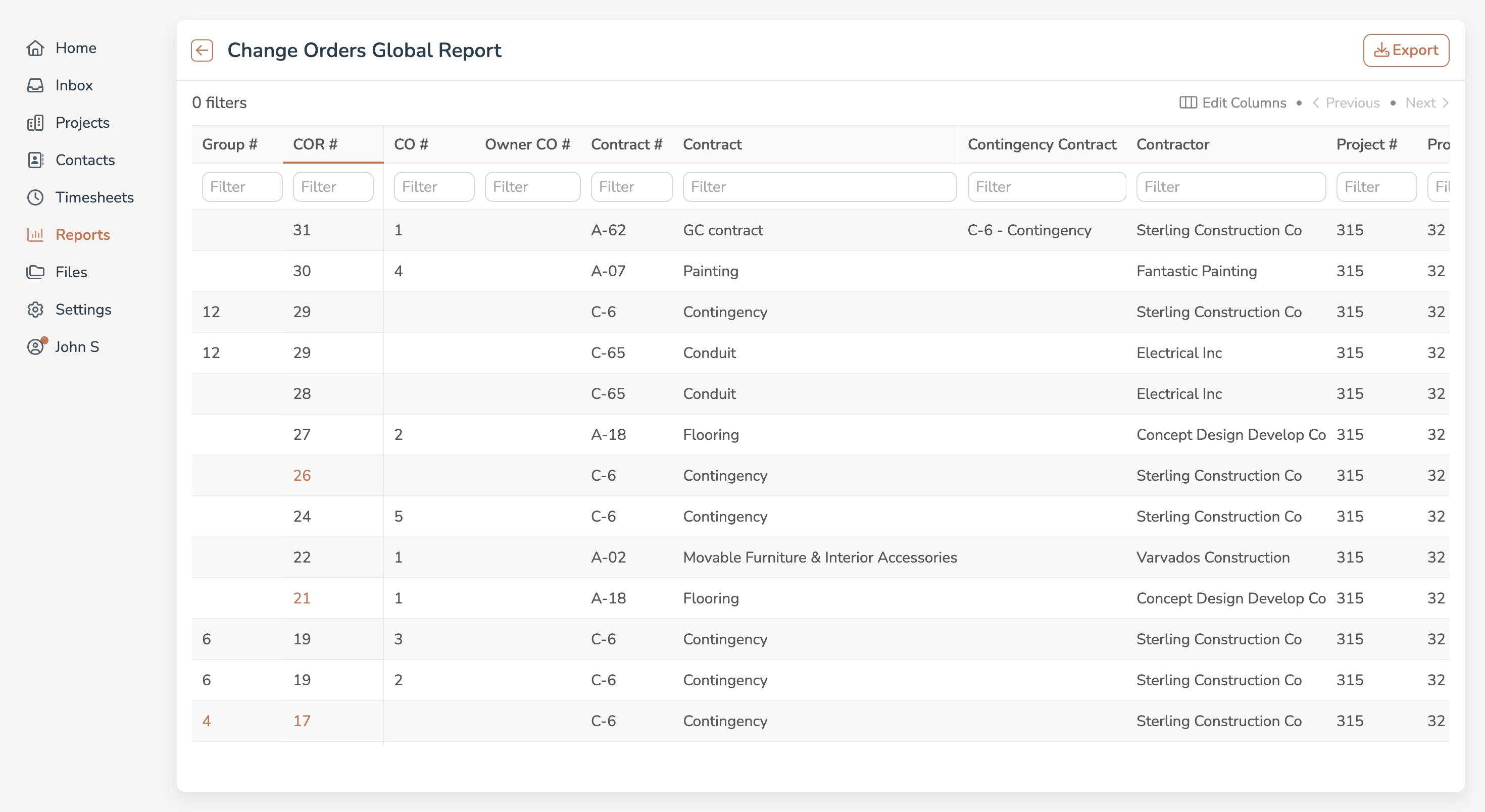 Construction software global change orders on web app screen.
