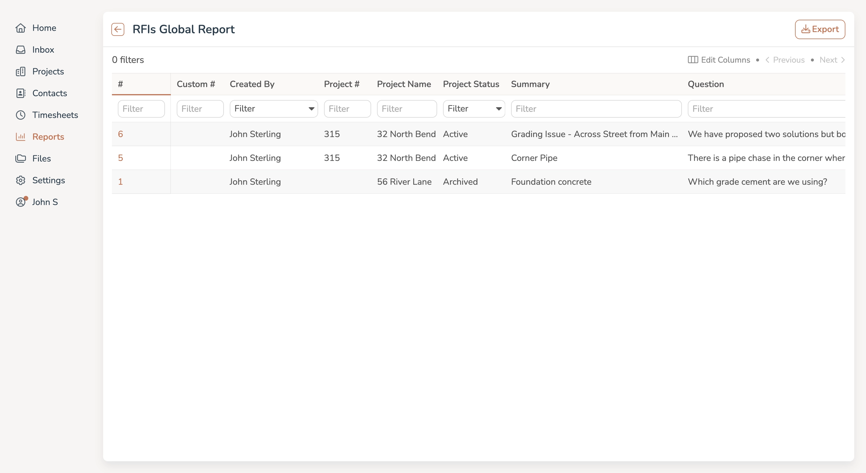 Construction software global RFIs dashboard on web app interface.